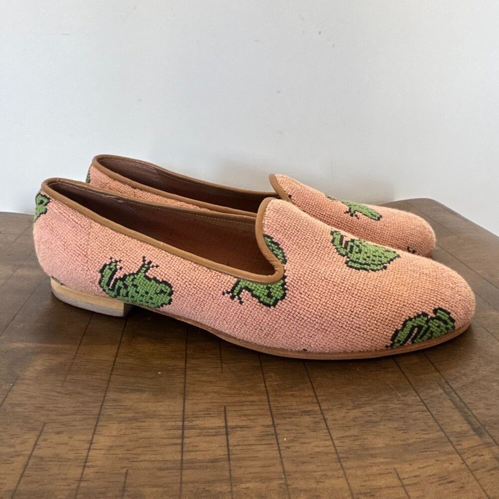 ZALO Frog Needlepoint Loafers Womens 8.5 M Pink Green Embroidered Slip On Flats - Picture 5 of 10